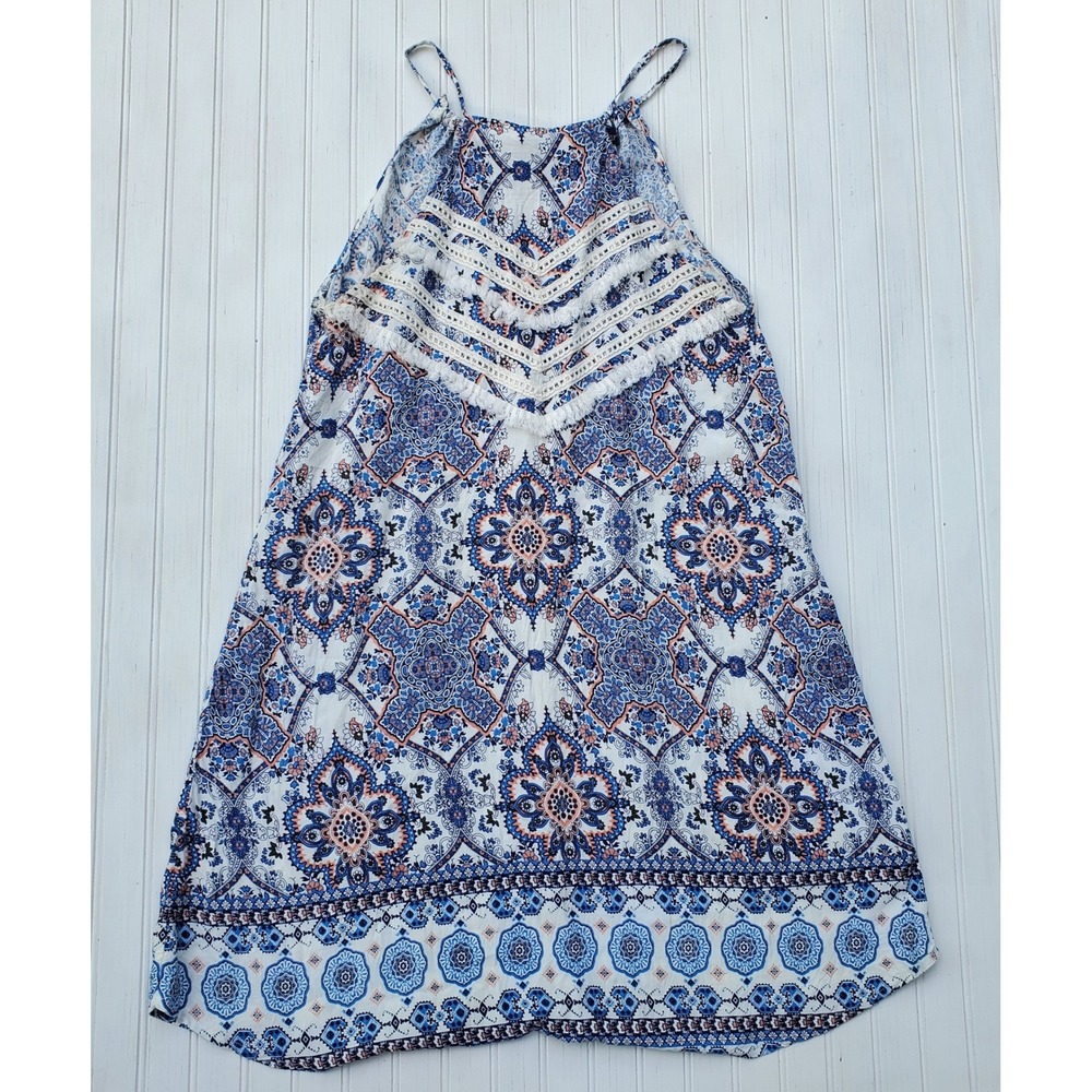 Derek Heart Blue Medallion‎ Paisley Halter Mini Dress Fringe Crochet Lace Large